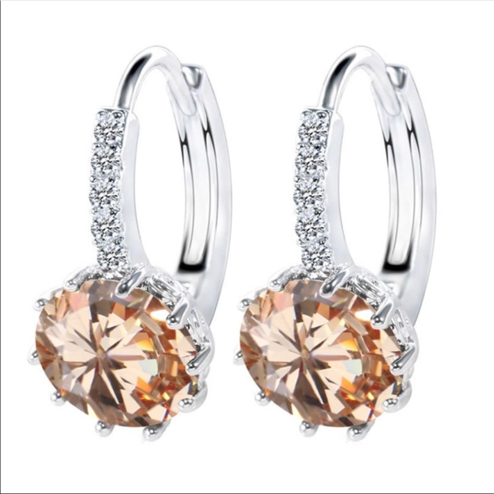 🌹Silver Champagne crystal Cz Huggie Hoop Earrings - Picture 2 of 8